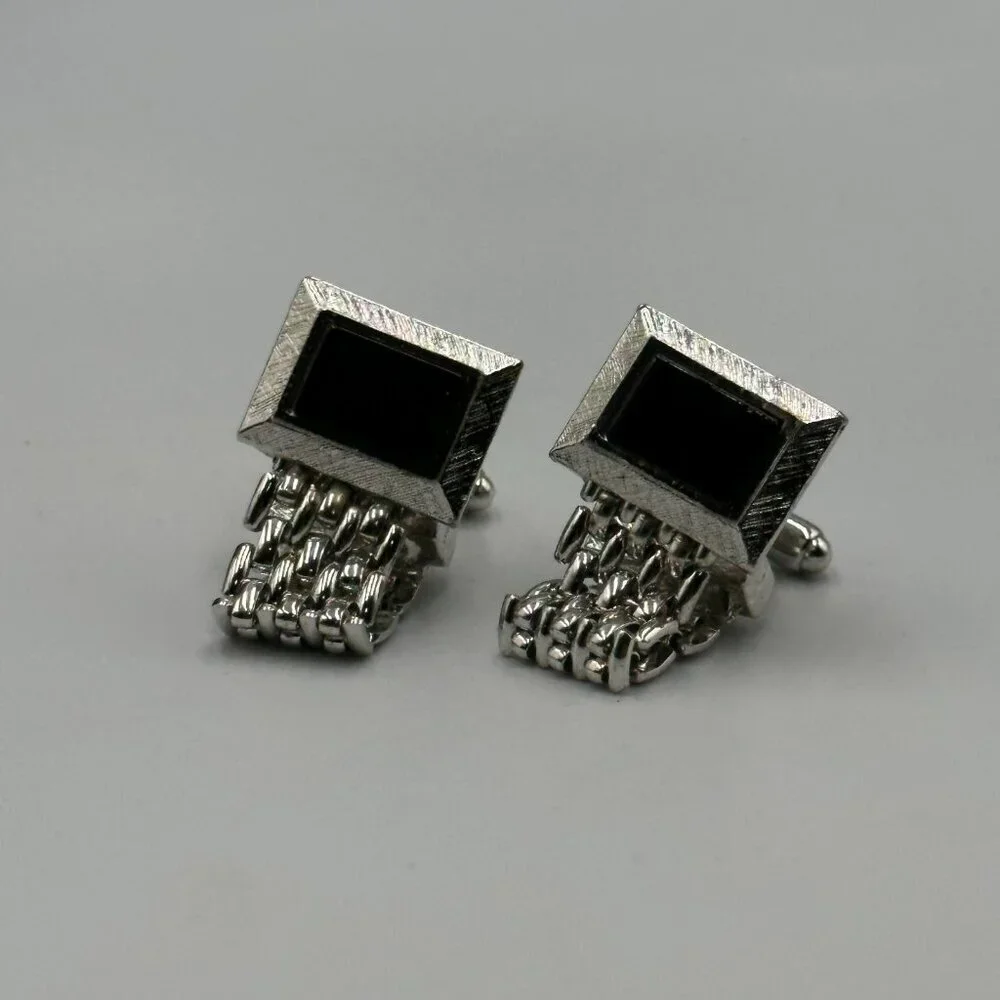 Vintage Dante Cufflinks Silver Tone Black Enamel Square Mesh Wraparound
